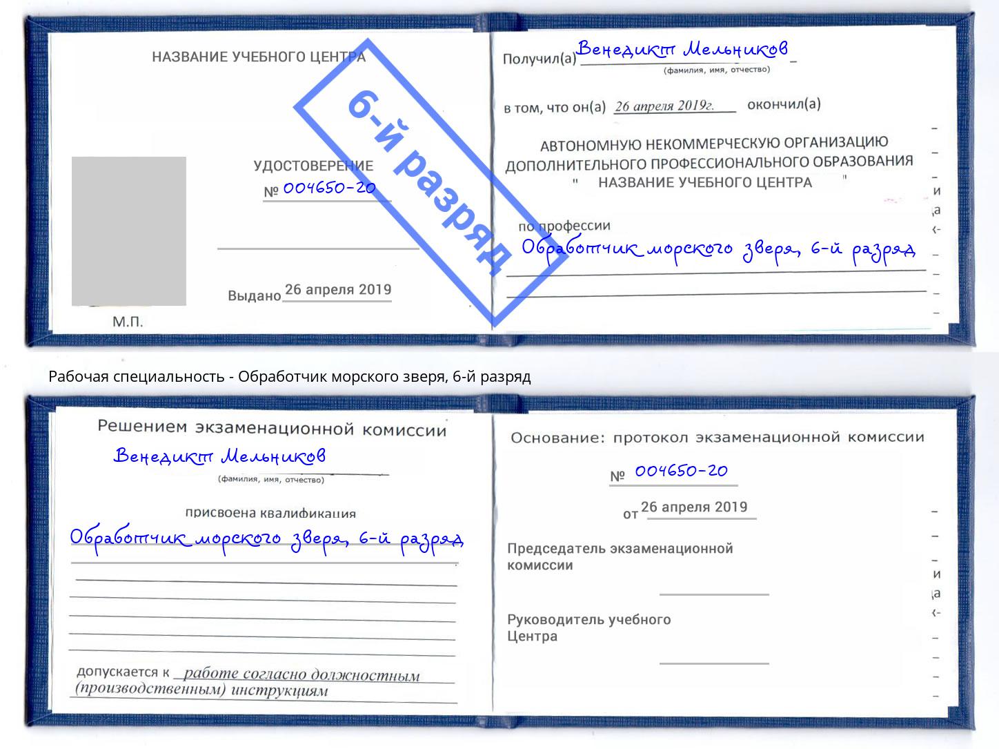 корочка 6-й разряд Обработчик морского зверя Нерюнгри