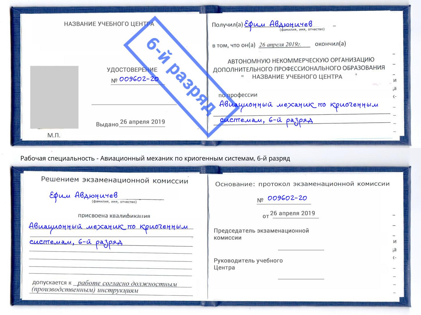 корочка 6-й разряд Авиационный механик по криогенным системам Нерюнгри