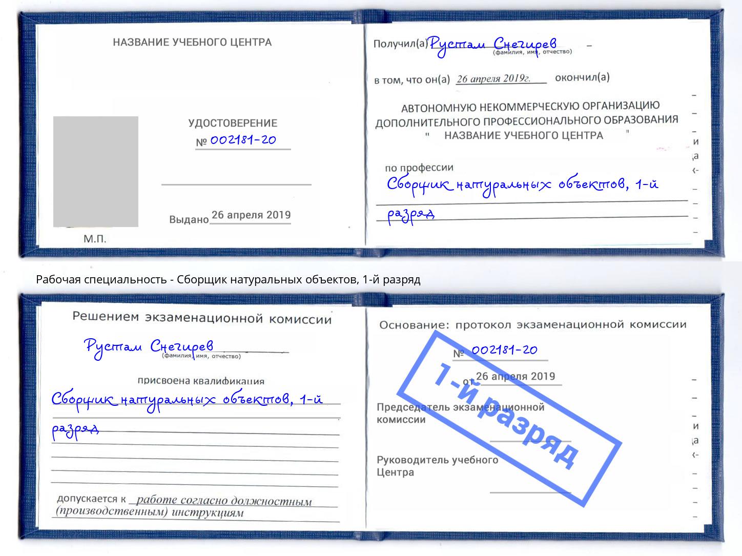корочка 1-й разряд Сборщик натуральных объектов Нерюнгри