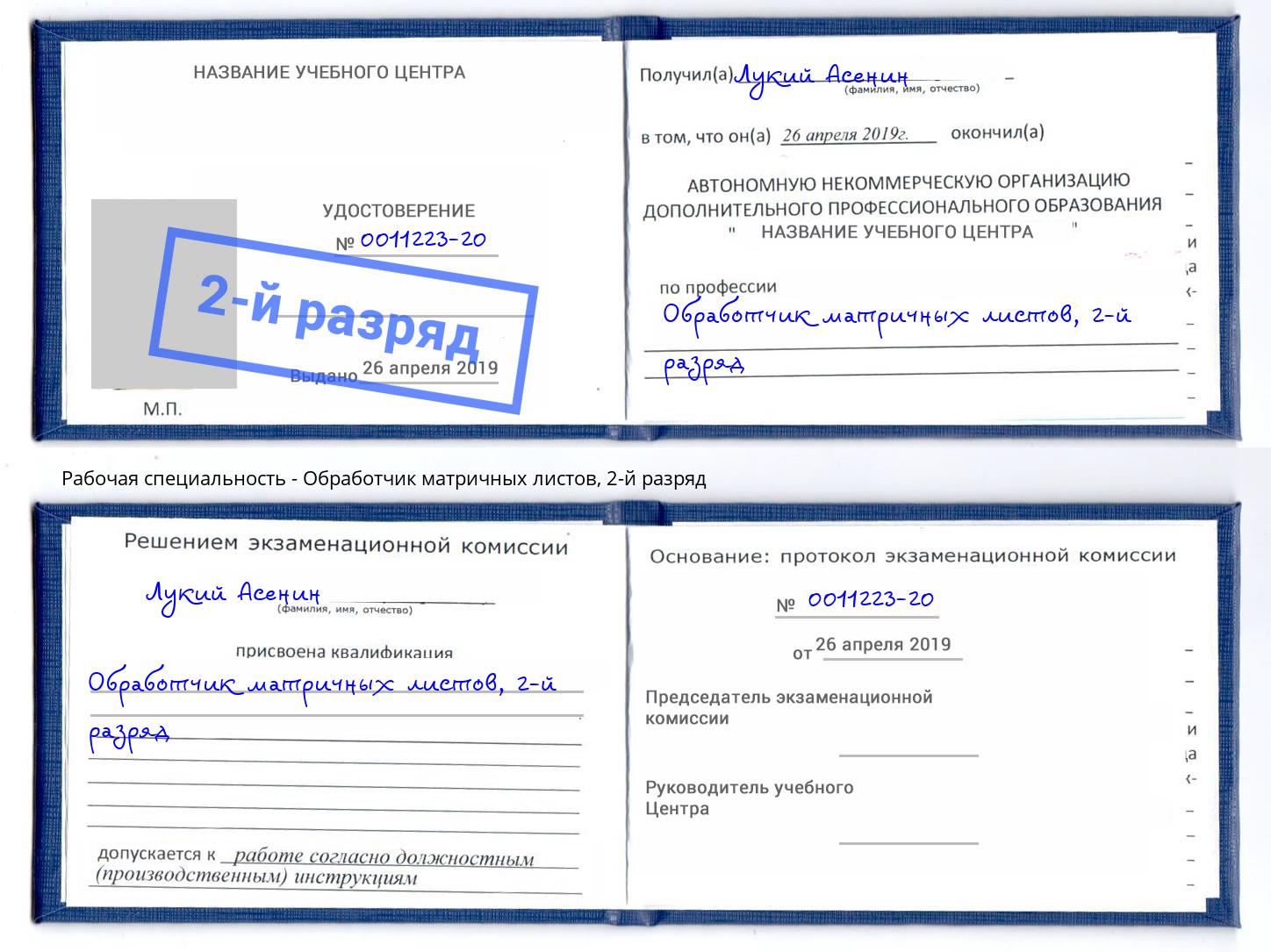 корочка 2-й разряд Обработчик матричных листов Нерюнгри
